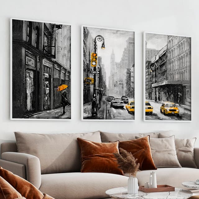 Kit Quadros Decorativos Cidade Pintura de New York Nova Iorque Preto e Branco