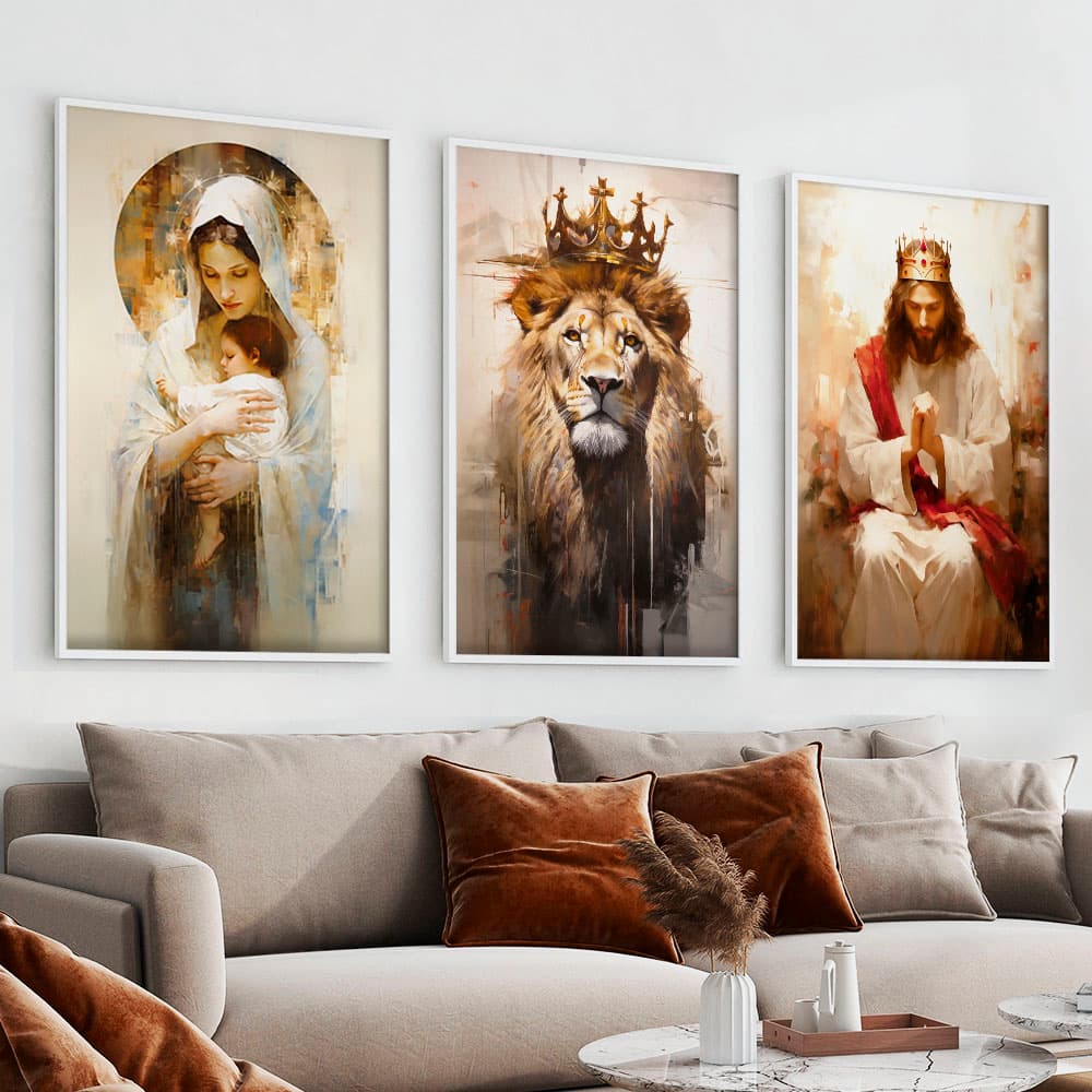 Kit Quadros Decorativos Maria, Jesus e o Leão de Judá